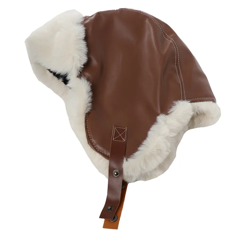 SupSindy Men Winter Bomber Hat Outdoor Motorcycle Windproof Warm Faux Fur Pilot Earflap Hat Leather Thermal Ushanka Snow Cap