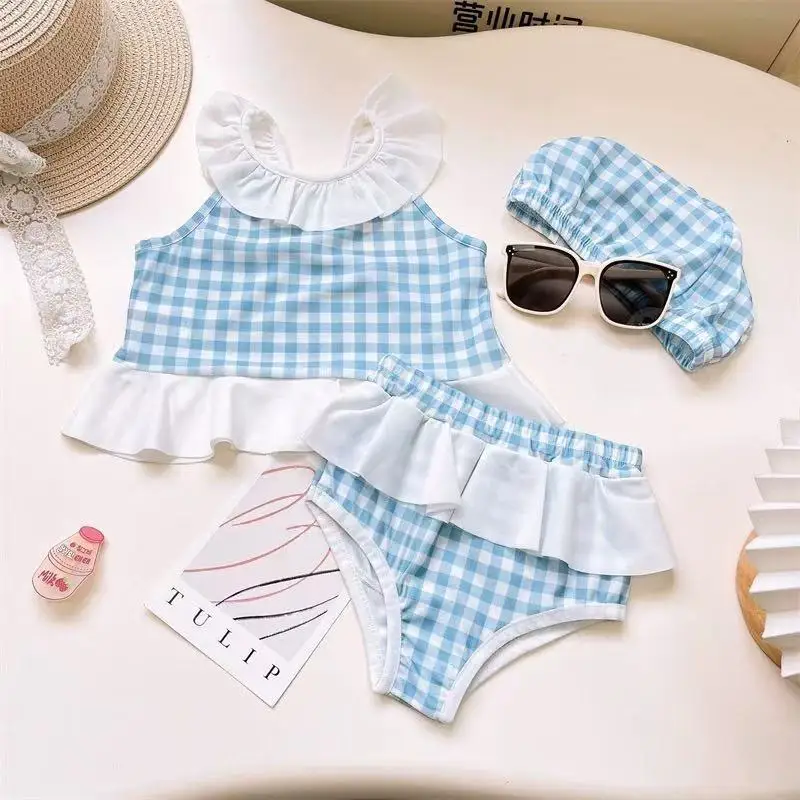 New Summer Girls' Sun-Protective Baby Long-Sleeve Plaid One-Piece Swimsuit view 3