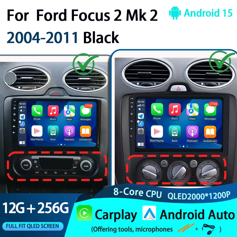 

Android 15 Carplay Auto 2K Screen Car Radio Multimedia Player For Ford Focus 2 Mk 2 2004-2011 Black Autoradio Stereo Head Unit