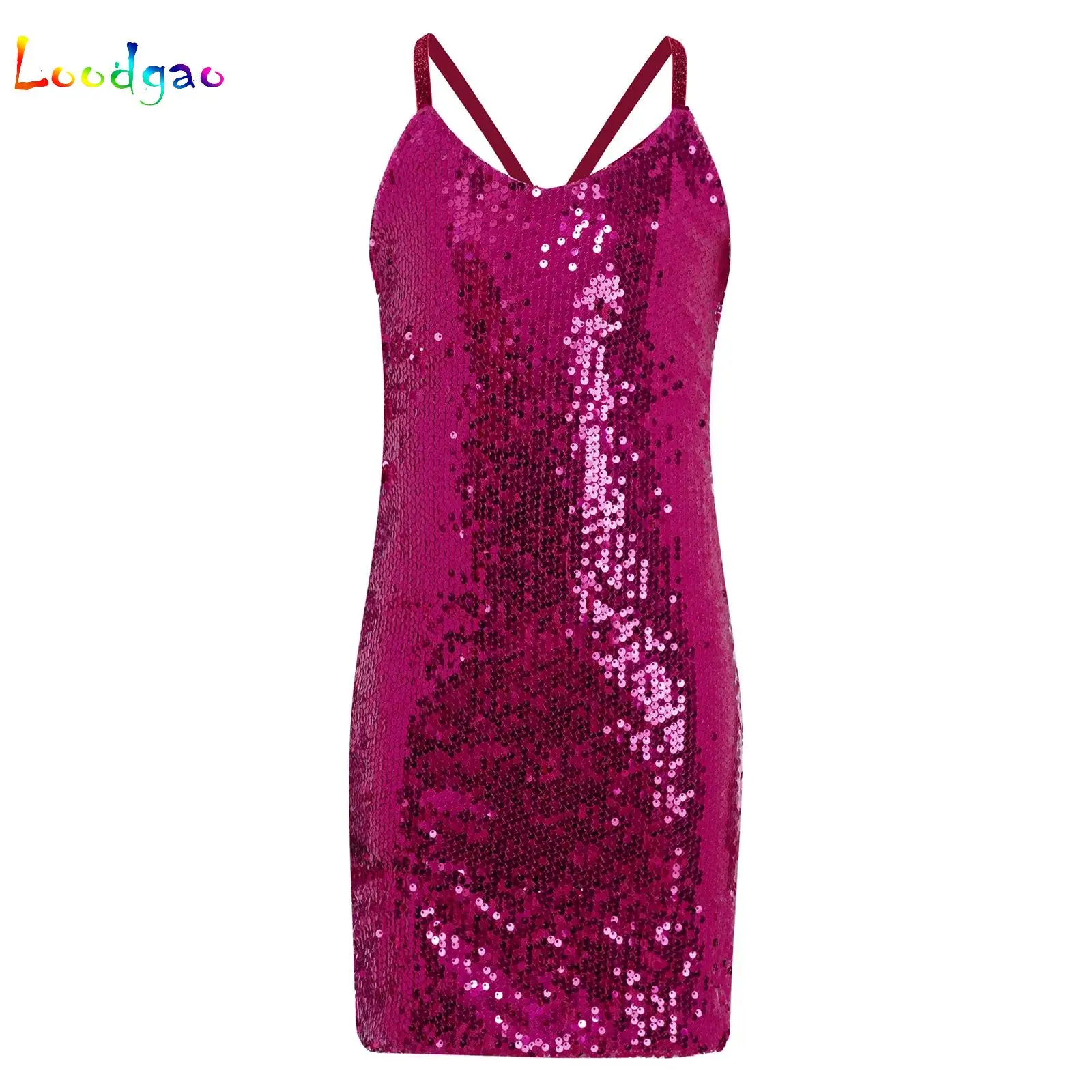 

Kids Girls Glittery Sequin Dress Elastic Spaghetti Straps Sleeveless Dance Dress Prom Wedding Party Gown Jazz Ballroom Dancewear