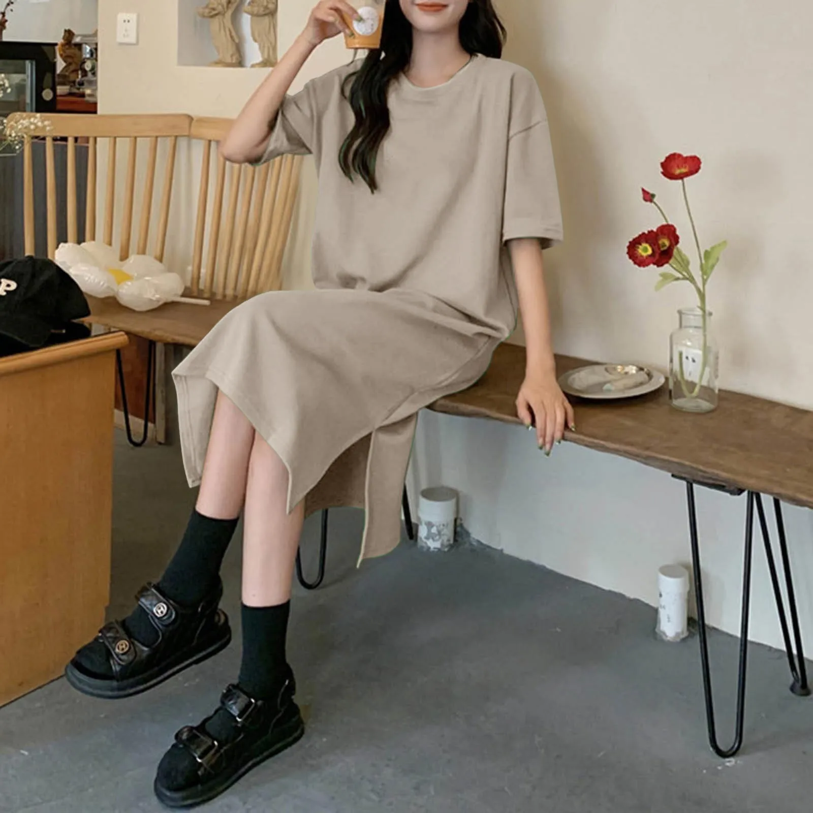 Large Size Short Sleeved Casual Dress For Women Summer New Loose Solid Color Mid Length Over The Knee Long Dressed For Women