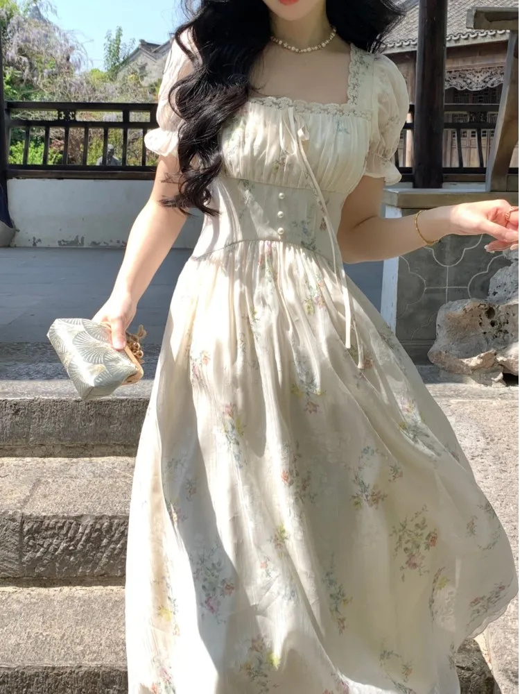 Korean Fashion Floral Print Fairy Dress Elegant Square Collar Short Sleeves A-Line Party Prom Robe Princess Vestidos Summer