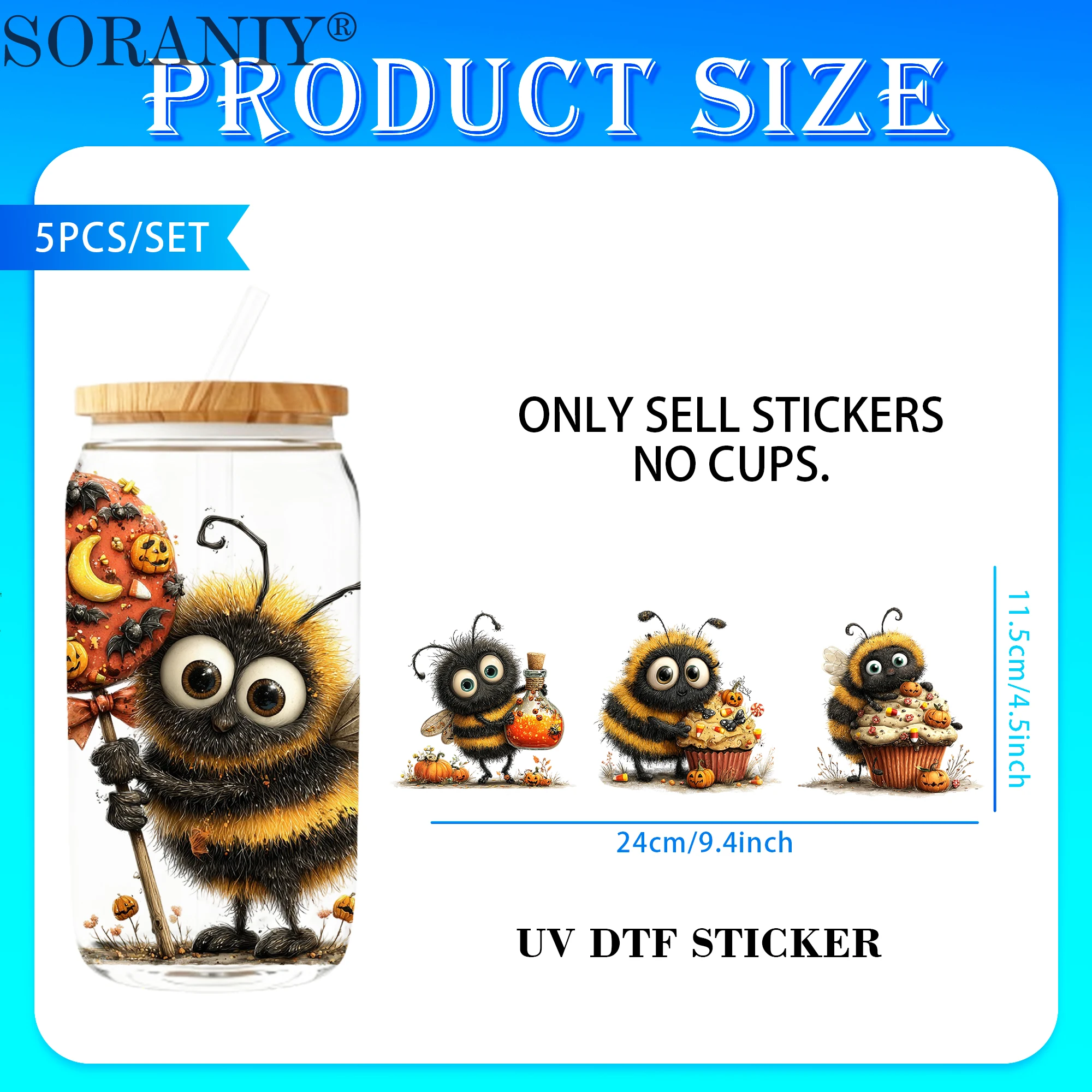 UV DTF 16OZ DIY Transfer Stickers - 5 Pieces/Set Halloween Fuzzy Bee Camping Life Theme - view 2