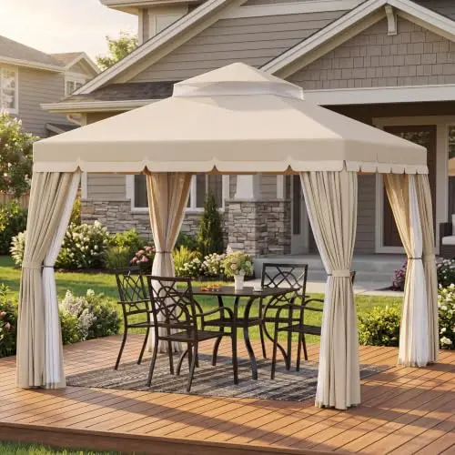 10' x 10' Outdoor Gazebo, Heavy Duty Iron Frame Patio Canopy with Vented Soft Top, Breathable Mosquito Netting &