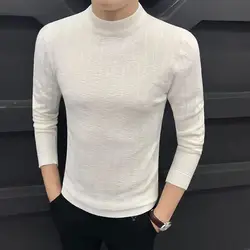 Autumn Winter Half High Collar Screw Thread Men's Clothing Solid Color Pullover Sweater Knitted Casual Fashion Preppy Style Tops