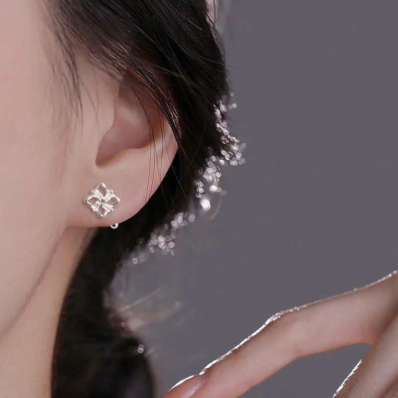 Fashionable Hollow Four Leaf Clover Stud Earrings for Women Shiny Zircon Square Flower Ear Studs Minimalist Daily Jewelry Gift