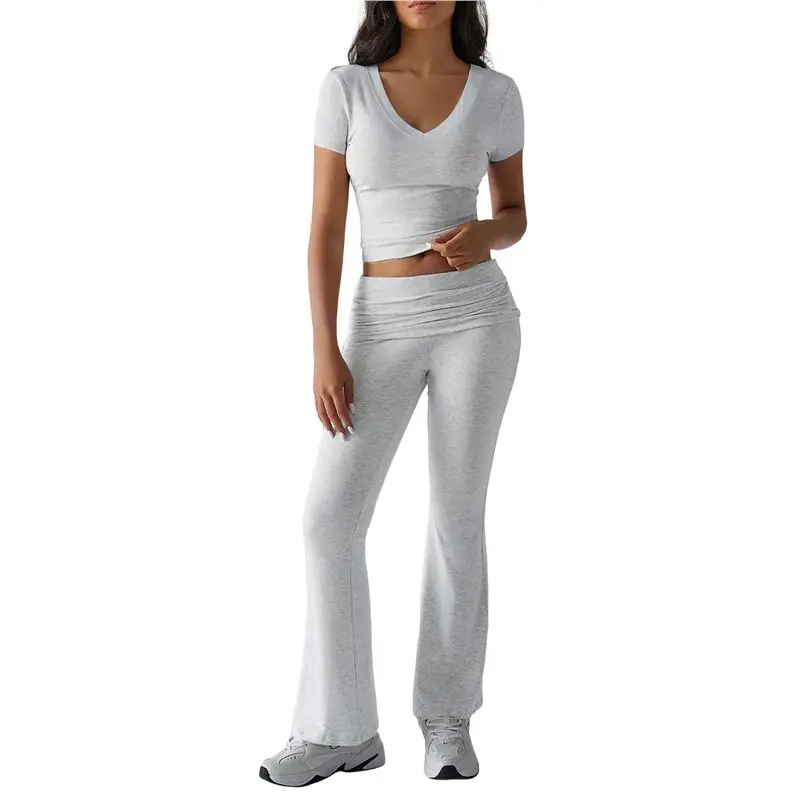 

CYL-Women's Y2K Fitness Short Sleeve V-Neck T-Shirt And Yoga Pants Two Piece Workout Set