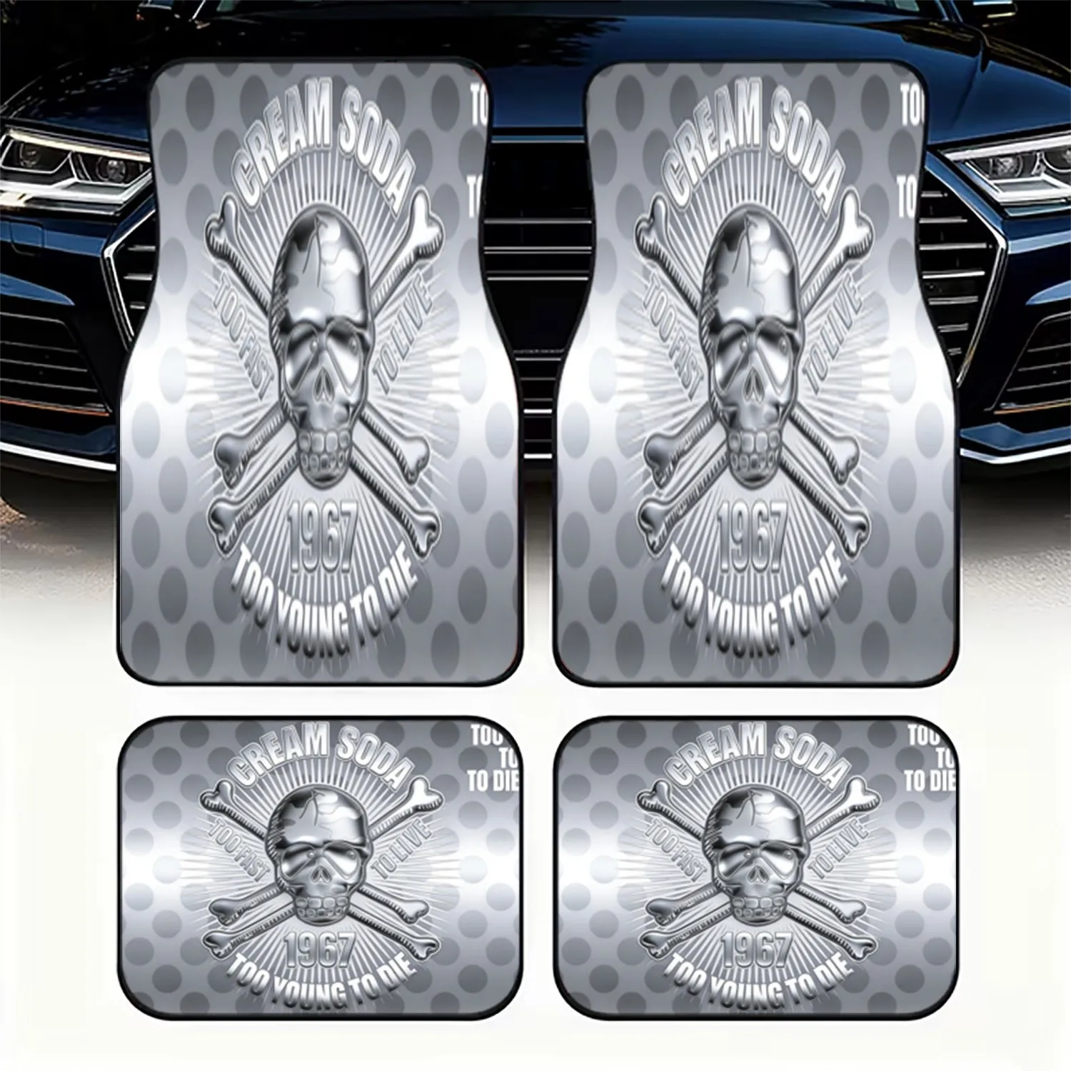 4pcs Retro Skull Design Car Floor Mats | Polyester Material, Stylish 