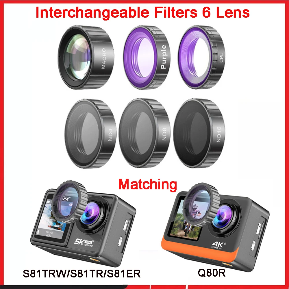 Interchangeable Filters 6 Lens Include /CPL(Polarizing)/Puple/Macro/ND4/ND8/ND16 Filter For Action Camera S81TRW S81TR  Q80S