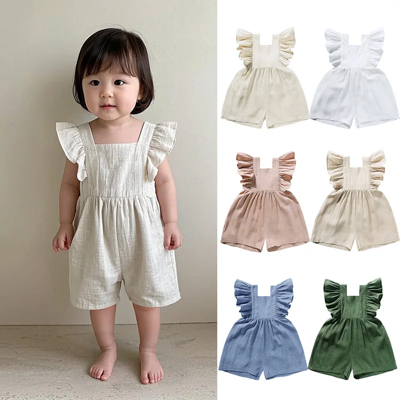 Summer Baby Clothes Unisex Girls Rompers Linen Casual Girls Overalls Breathable Boys Ruffle Jumpsuits