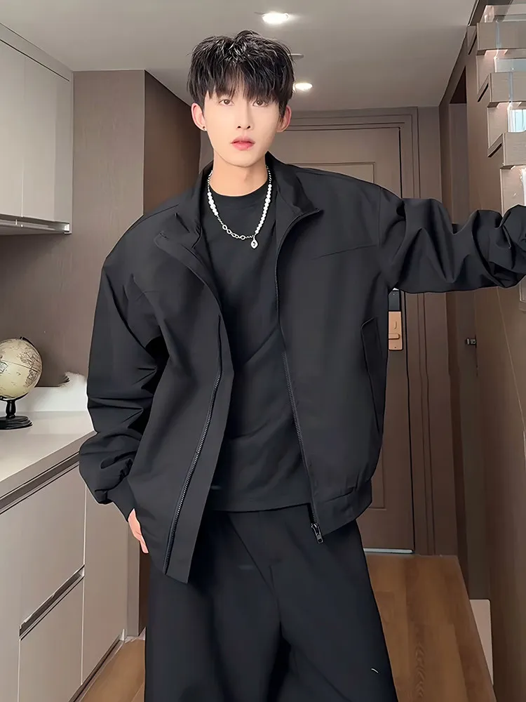 Black Short Cleanfit Baseball Jacket Men's Spring Autumn Trendy Brand Silhouette Three-Proof Stand Collar American Style Jacket