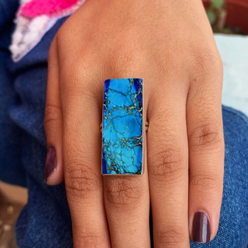 Fashionable and Exquisite Bohemian Style Retro Rectangles Turquoise Ring for Women Men Birthday Anniversary Party Jewelry