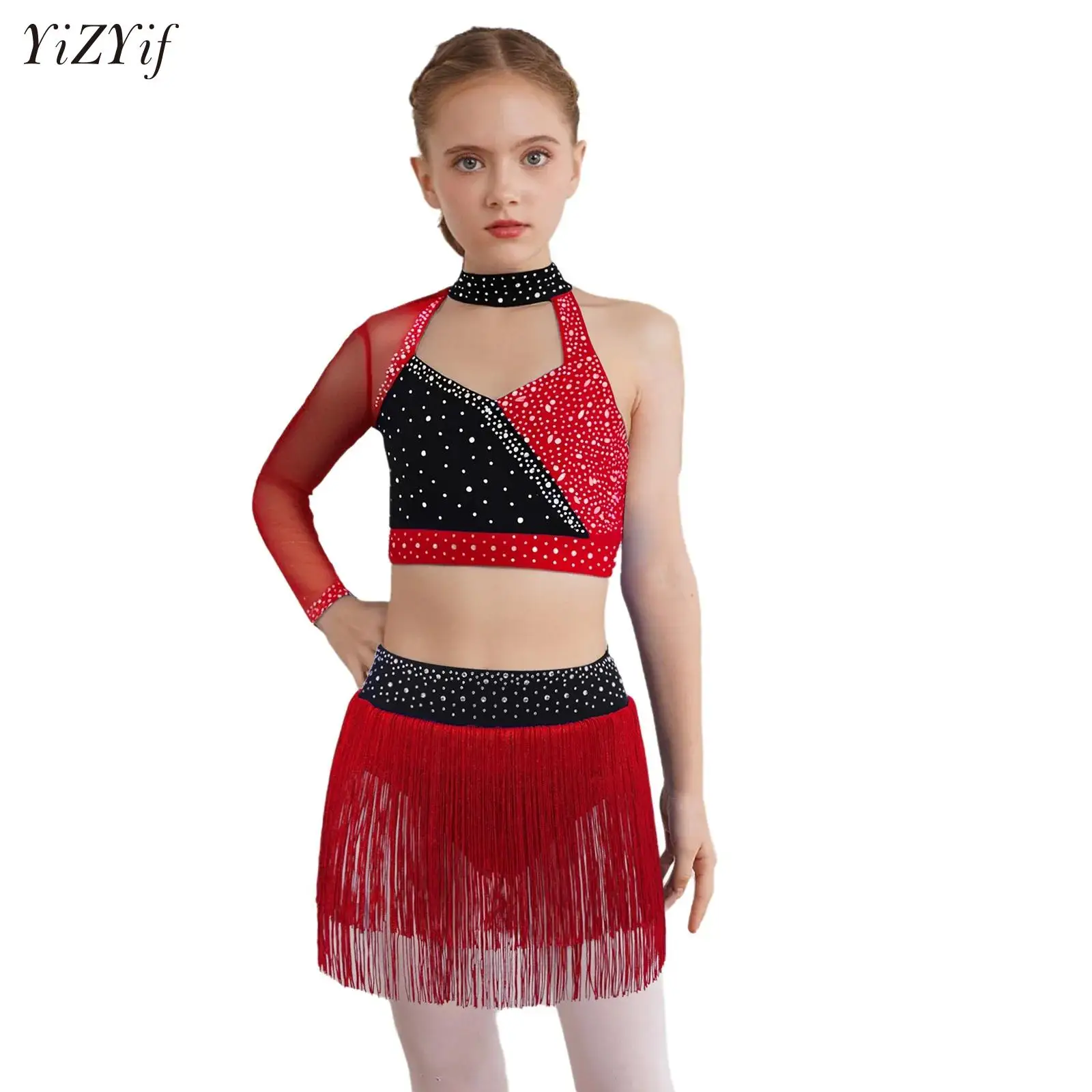 

Girls Ballet Dance Outfits Jazz Latin Dance Figure Skating Shiny Crop Top+Tassel Skirts School Cheerleading Competition Dress
