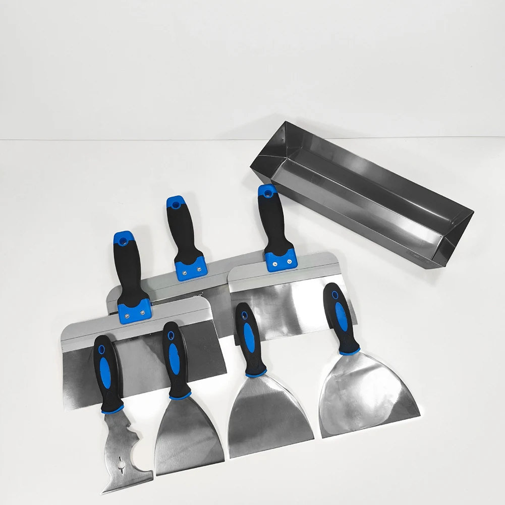 8 Piece Stainless Steel Putty Scrapers Set with Paint Scraper Multiple Spatulas and Storage Box for Drywall and For Concrete