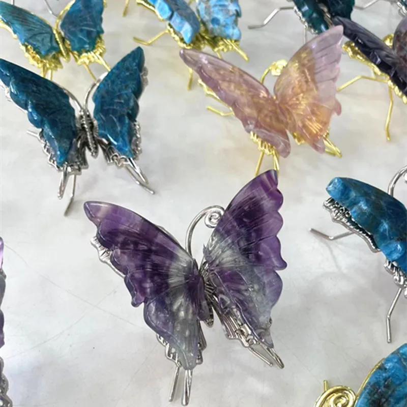 Natural Rainbow Fluorite Butterfly Crystal Carving Home Decor