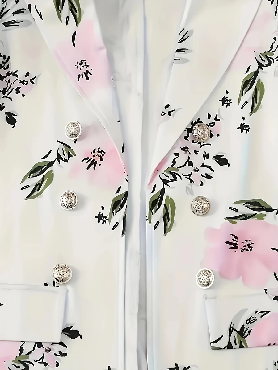 طقم بدلة كاجوال أنيقة بطبعة زهور، طقم مكون من قطعتين، بدلة مزدوجة الصدر بأكمام طويلة وتنورة ضيقة بالقلم الرصاص #5