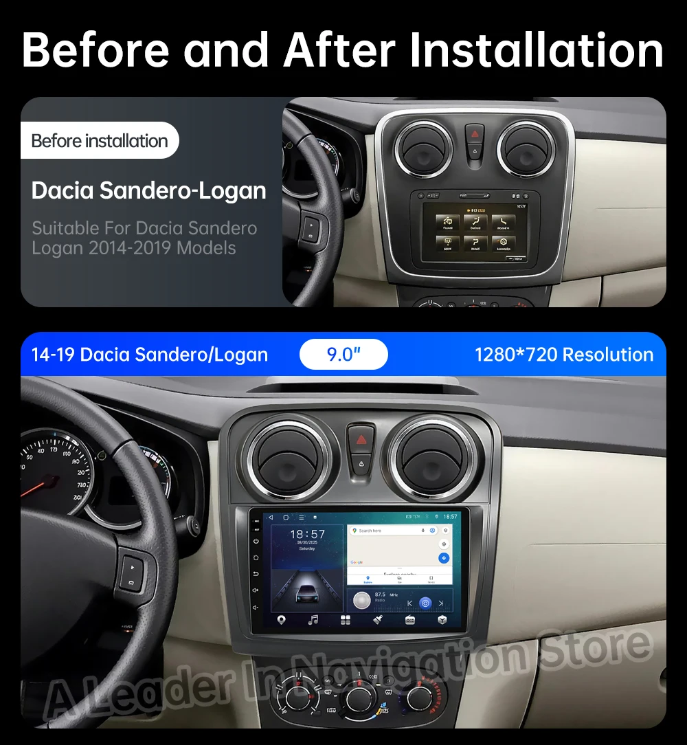 GPS Car Radio for Dacia Sandero-Logan 2014 - 2019 Multimedia Video Player Wireless Carplay Android 16 DSP Stereo 4G WIFI QLED