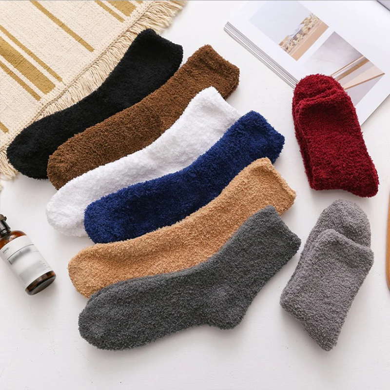 Winter Thick Wool Men\'s Socks Solid Color Coral Fleece Warm Socks High Quality Soft Fluffy Sock Against Cold Snow Sox Male Socks