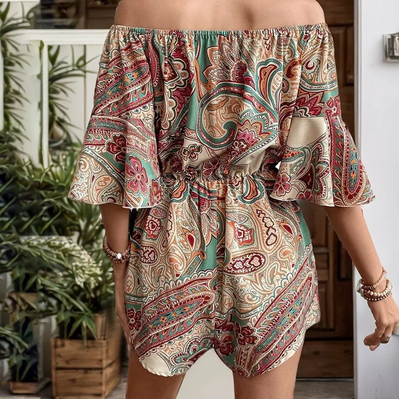 Boho Print Jumpsuit Women's Summer New Fashion One-line Collar Off-shoulder Sexy Lace Up Rompers Short Loose Playsuits For Women