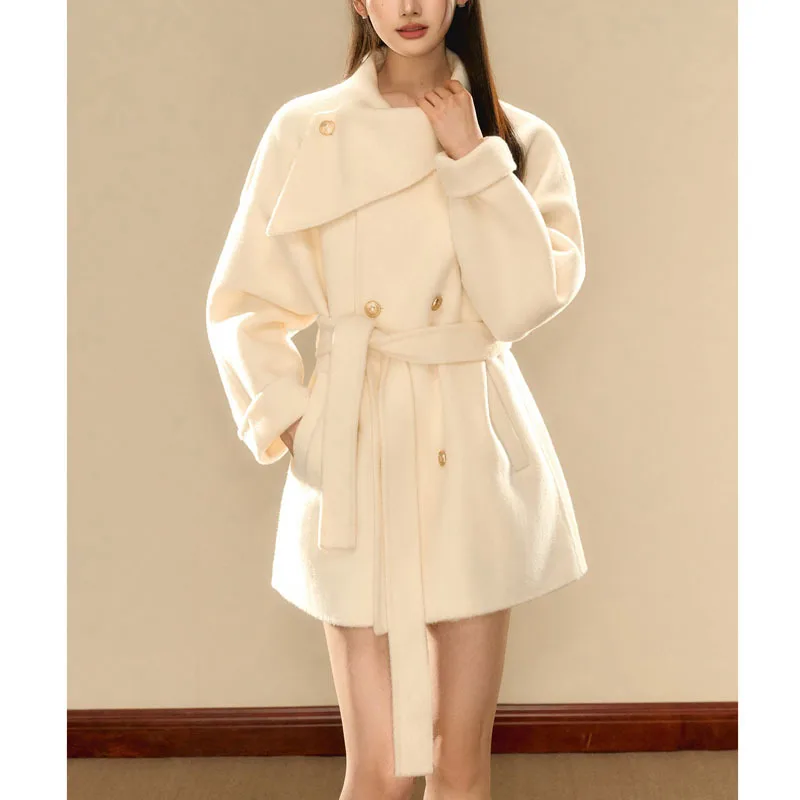 

Korean Women's Coat with Multiple Colors and a Sense of Gold Woolen Woolen Coat Women's 2025 New Winter Gold Buckle Fine Belt
