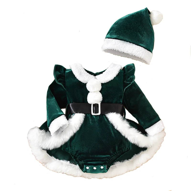Grüner Weihnachtselfen-Strampler mit Hut, Blaues Kinder-Karnevalskostüm, Rotes Baby-Weihnachtsmann-Prinzessinnenkleid – Detail 4