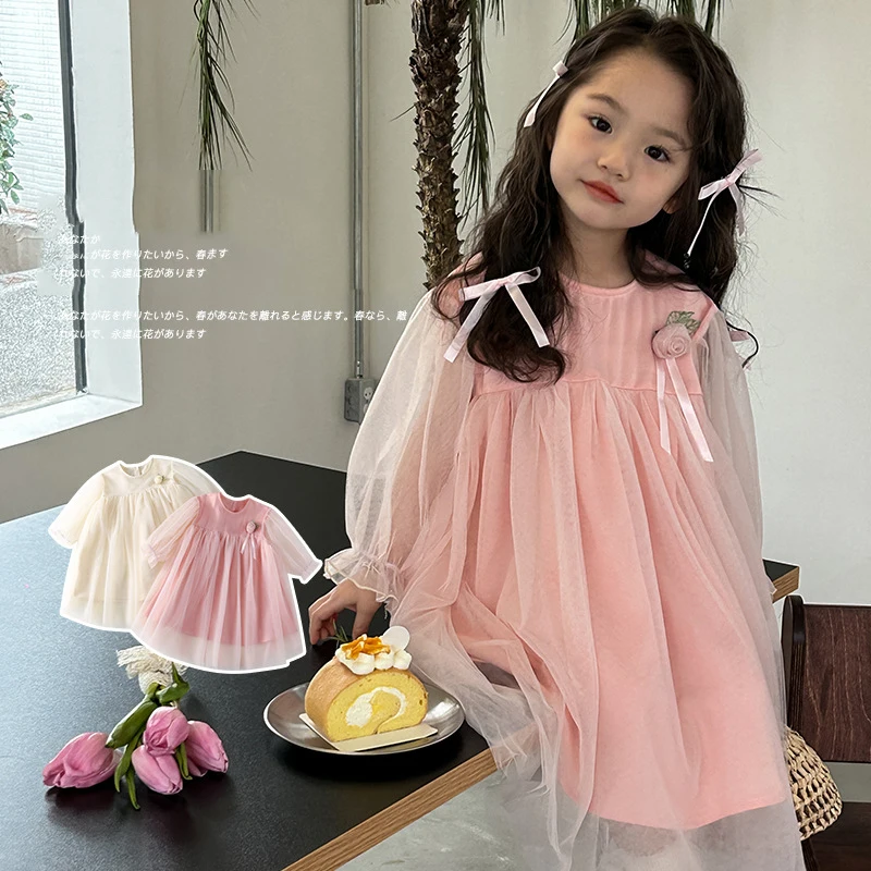 2024 Autumn Korean Kids Baby Girls Dress Mesh Flower Patched Long Sleeve Solid Children Girls Dress Toddler Girls Dress