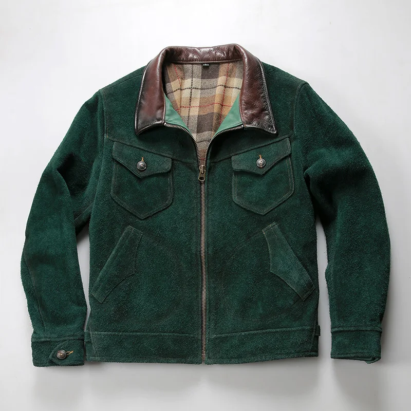 New Suede genuine leather jacket Men's green youth fashion cowhide jackets