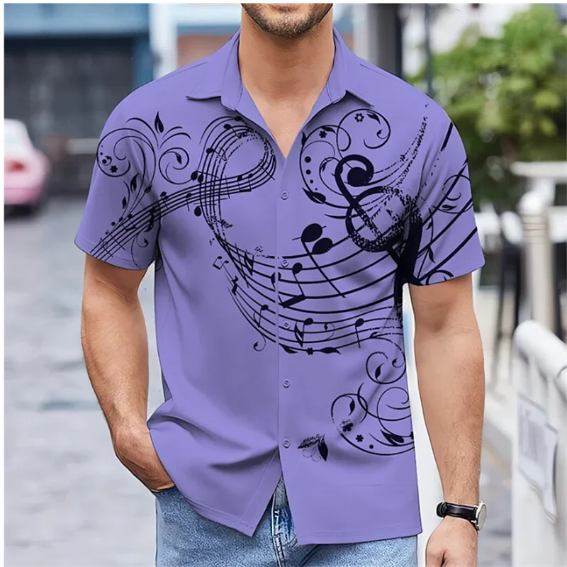 Men\'s music printed Hawaiian shirt, casual oversized street short sleeved shirt, comfortable and soft, various colors of summer