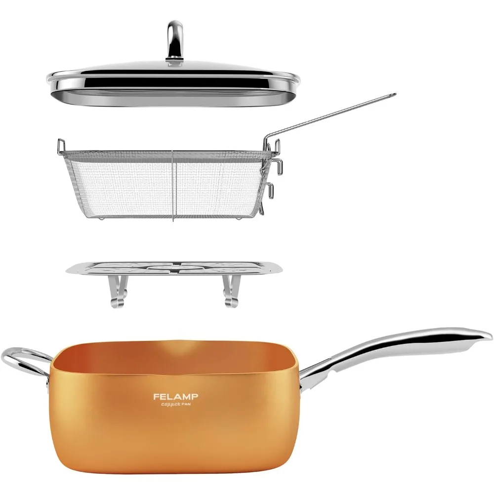 

9.5-Inch Nonstick Deep Square Frying Pan with Glass Lid, Stainless Steel Fry Basket and Steamer Rack, Induction Compatible