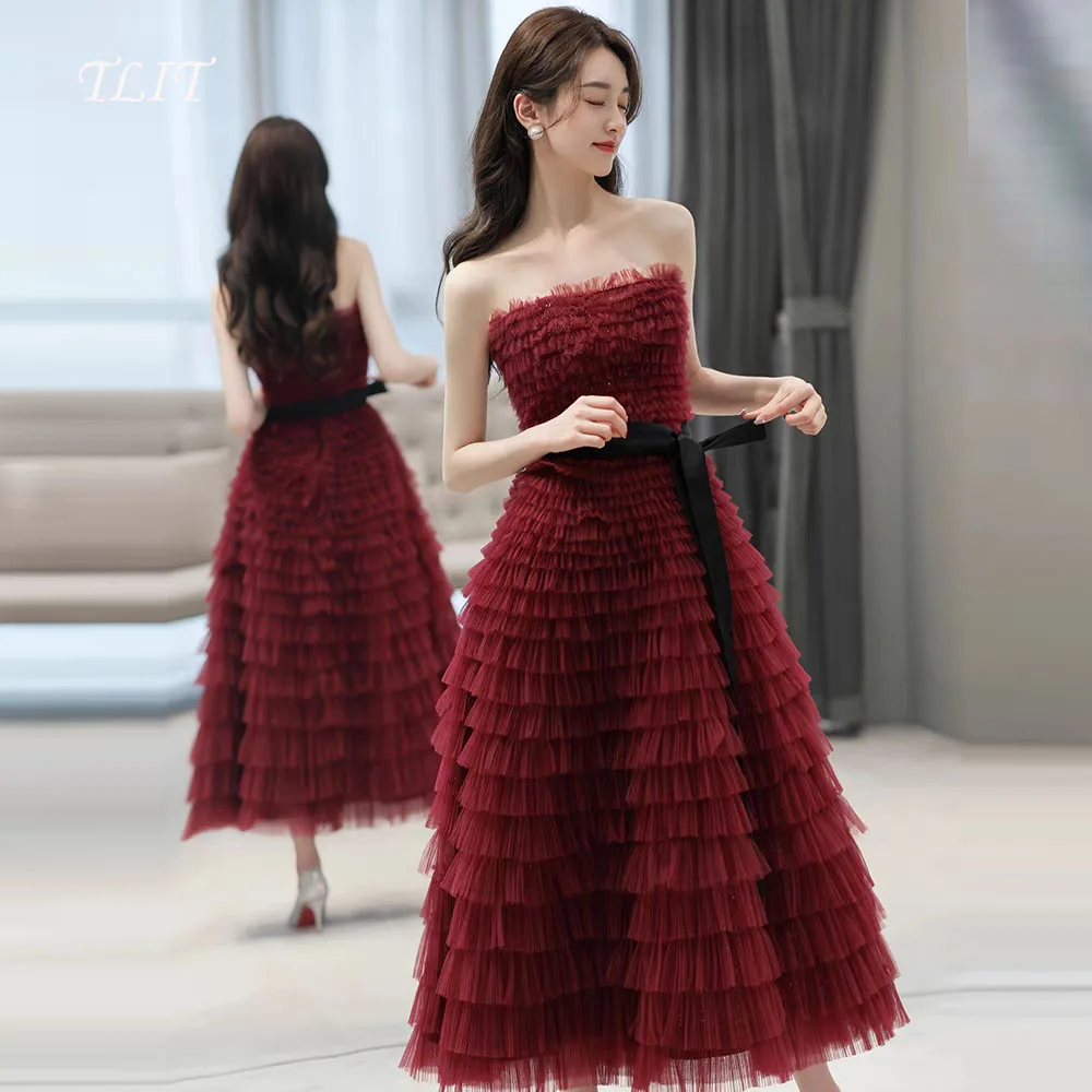 TLIT Elegant Rozerood Plooien Tule Gelaagde Avondjurk Strapless  aosМ Esperendus?vanie Zwarte Sjerpen Enkellange Gala Op maat