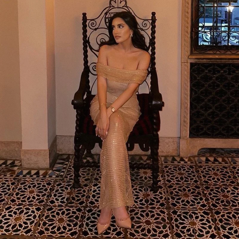 

New Off The Shoulder Full Rhinestone Mesh Mermaid Evening Dress Sheer See Through Bodycon Floor Length Sexy Party Gown