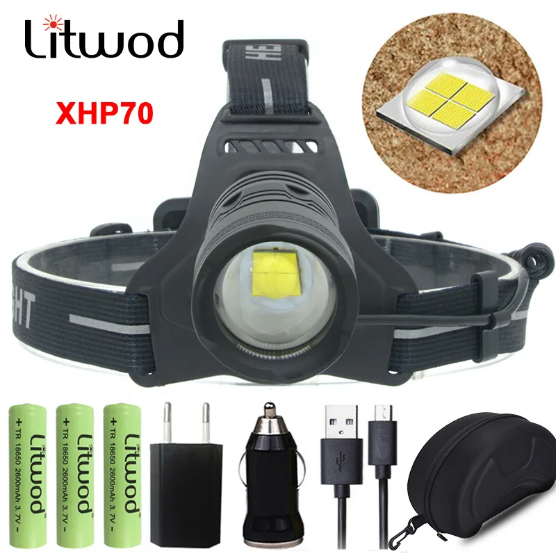 Led Headlamp Head Lamp Super Bright Headlight Flashlight Torch XHP70 USB Rechargeable 18650 Battery Zoom Fishing Camping LIght