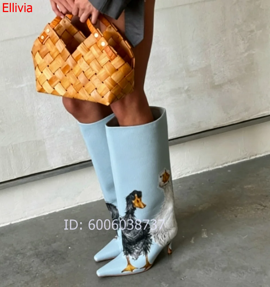 Women Light Blue Knee High Boots Leather Duck Goose Animal Print Pointed Toe Stiletto High Heel Fashion Ladies Party Tall Boots image 4