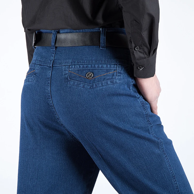 

Nice Autumn Man Jeans Male High Waist Pant Directly Canister Elastic Force Deep Crotch Quinquagenarian Xia Bokuan Dad Trousers