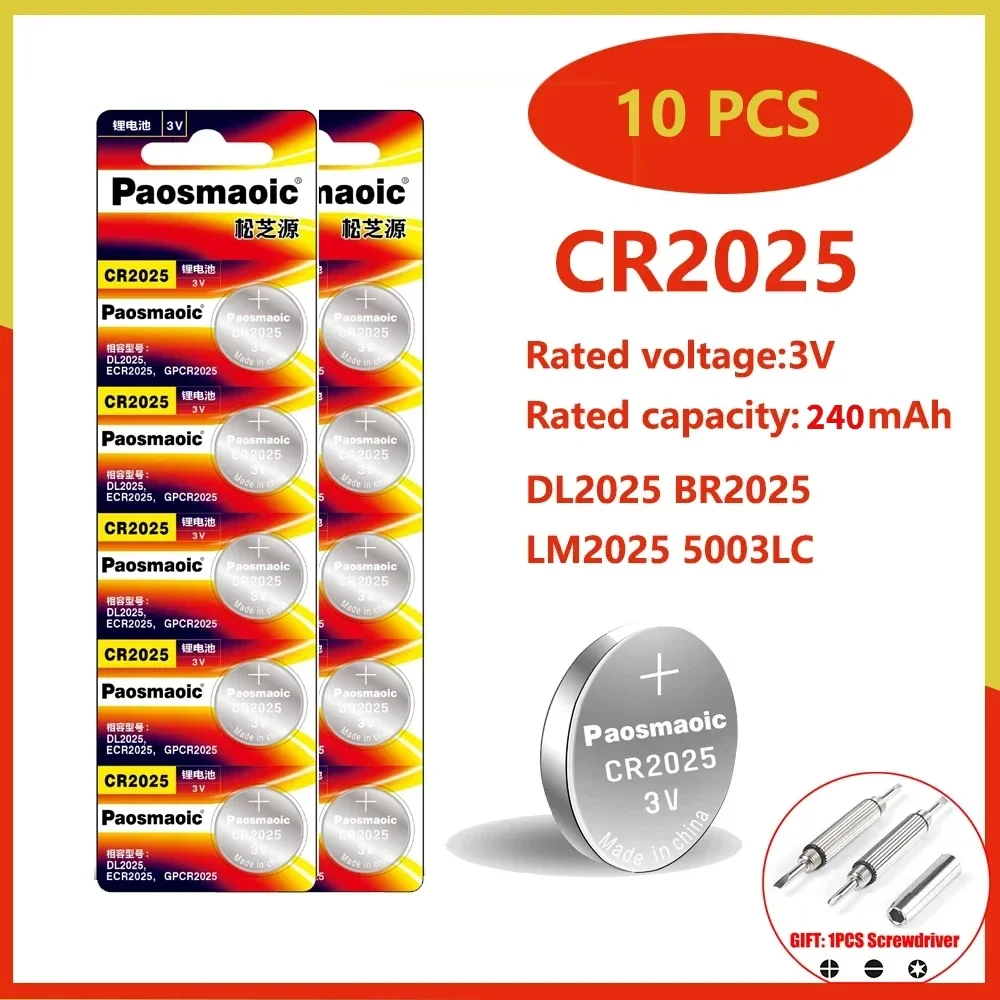 

10pcs CR2025 3V Lithium Battery DL2025 BR2025 KCR2025 button cell for watch, toys, car key，calculator，Coin Cell batteries