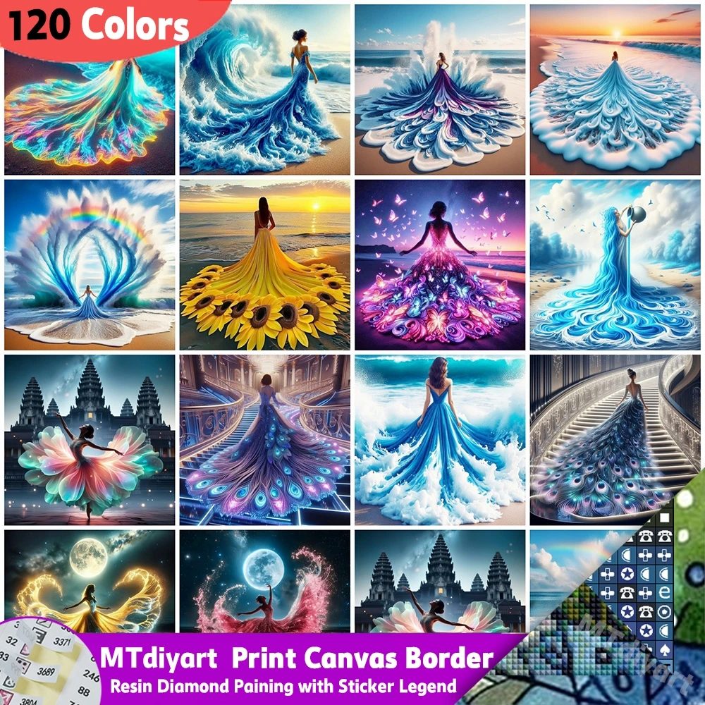 Kits Woman Resin Diamond Painting 120 Colors With Sticker Legend DIY Landscape Evening Dress Beach Handamde Gift Wall Decor