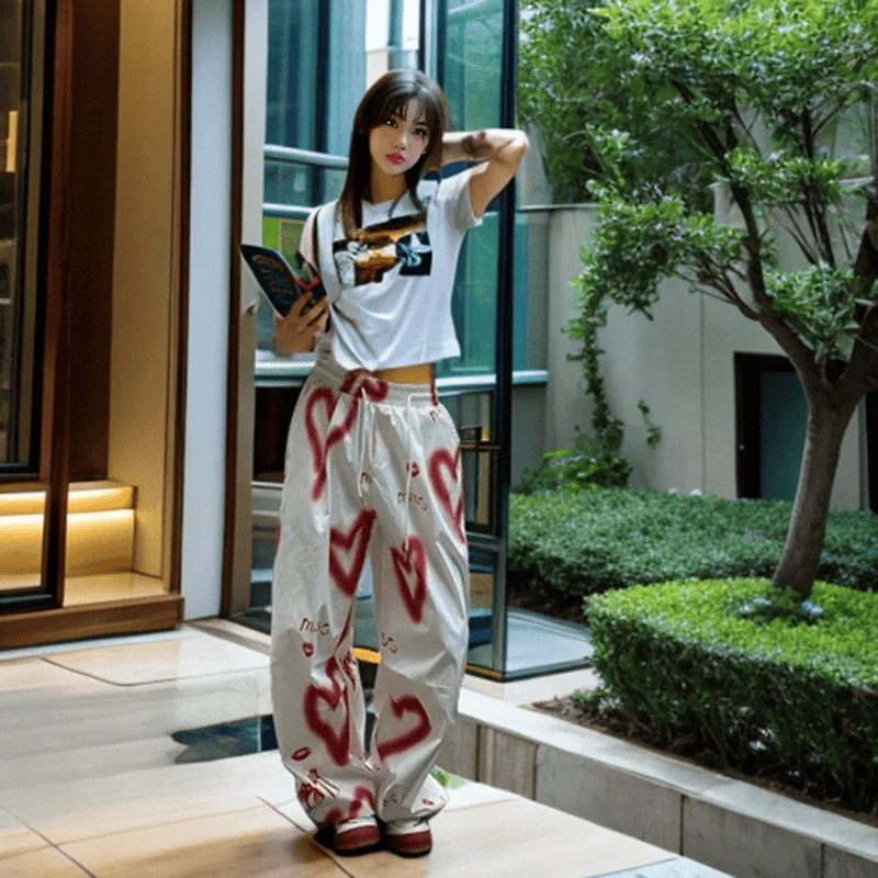 

Creative Harajuku American Vintage Euramerican Baggy Wide Leg Trousers Fashion Popular Sweet Cute Print Loose Casual Girl Pants