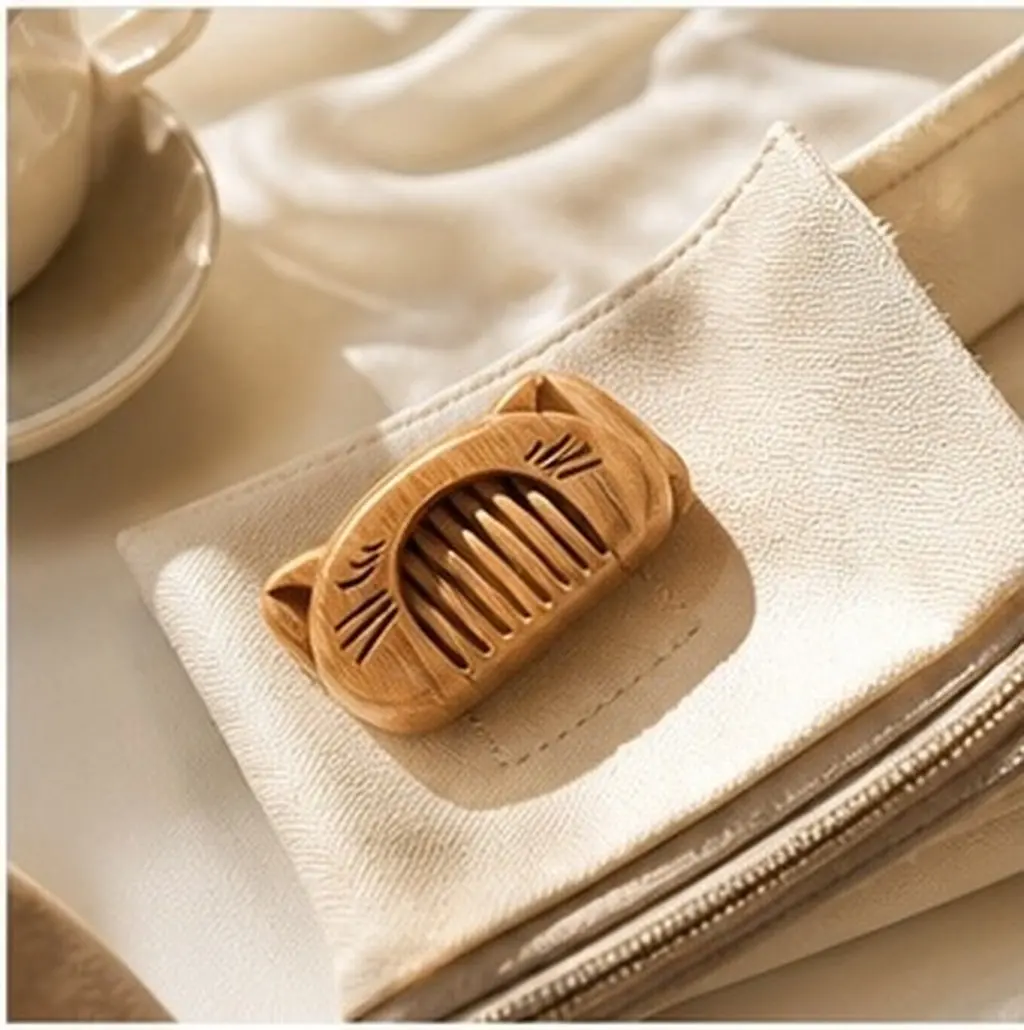 2Pcs Green Sandalwood Wooden Comb Lightweight Ergonomic Design Smooth Surface Cat Pattern Hair Styling Fine Tooth Comb for Women
