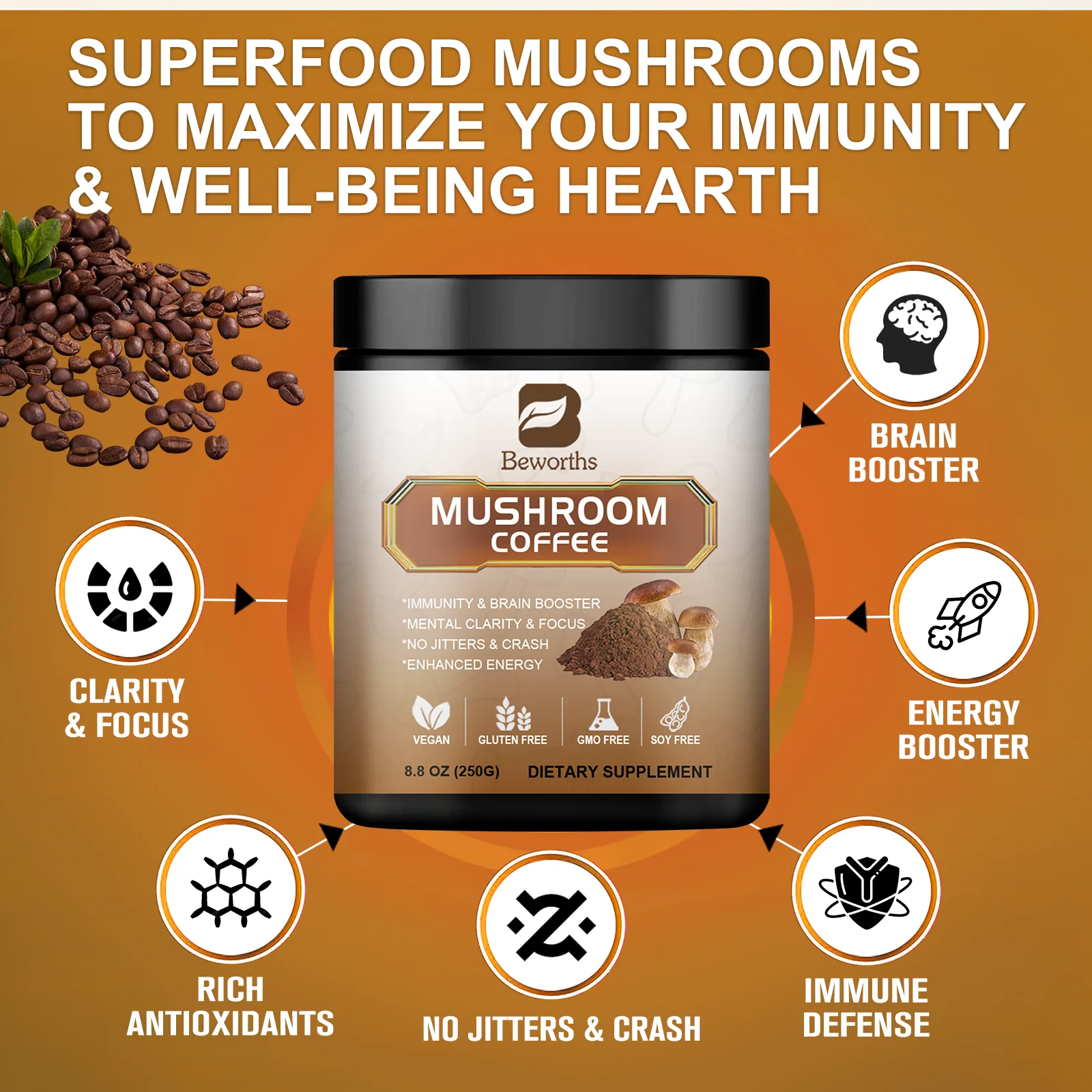 BEWORTHS Mushroom Coffee Supplement Ganoderma Lucidum Cordyceps Sinensis Energy Support Mental Clarity Brain Booster Antioxidant