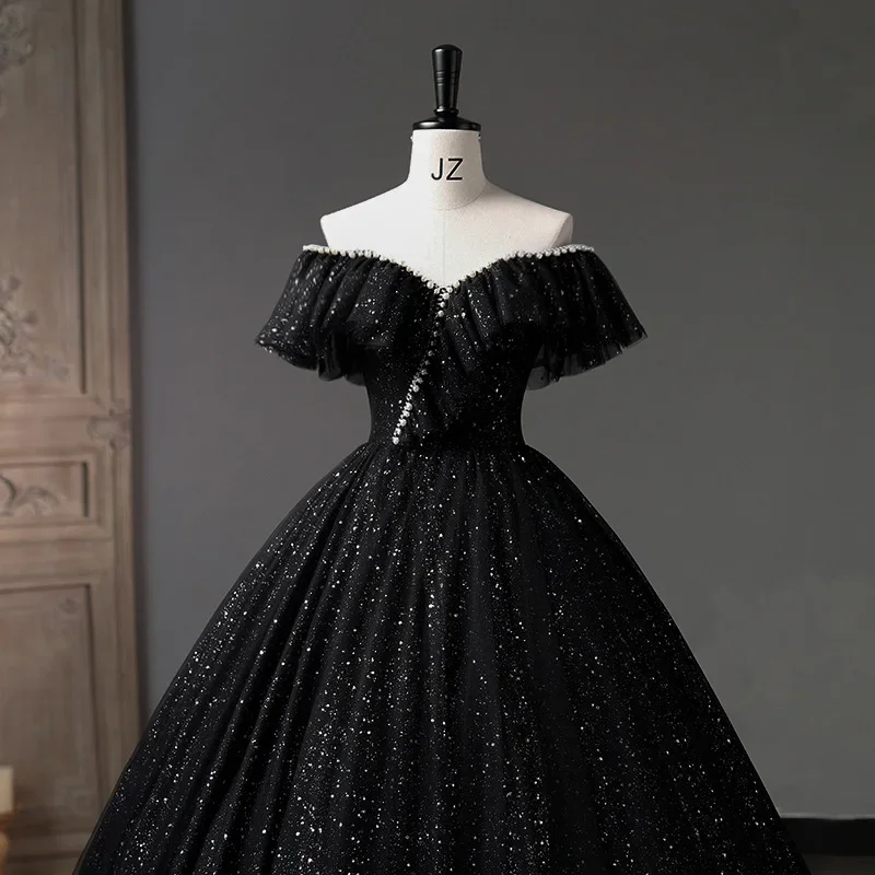 New Black Ball Gown Simple Luxury Bling Shining Dresses Classic Off The Shoulder Floor-length Puffy Dresses For Prom Formal