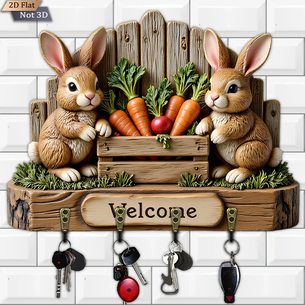2D Flat, 1pc, Rabbit and Carrot Pastoral Style Key Hook, Wooden Multi-functional Home Key Hanger, with four metal hooks, wall