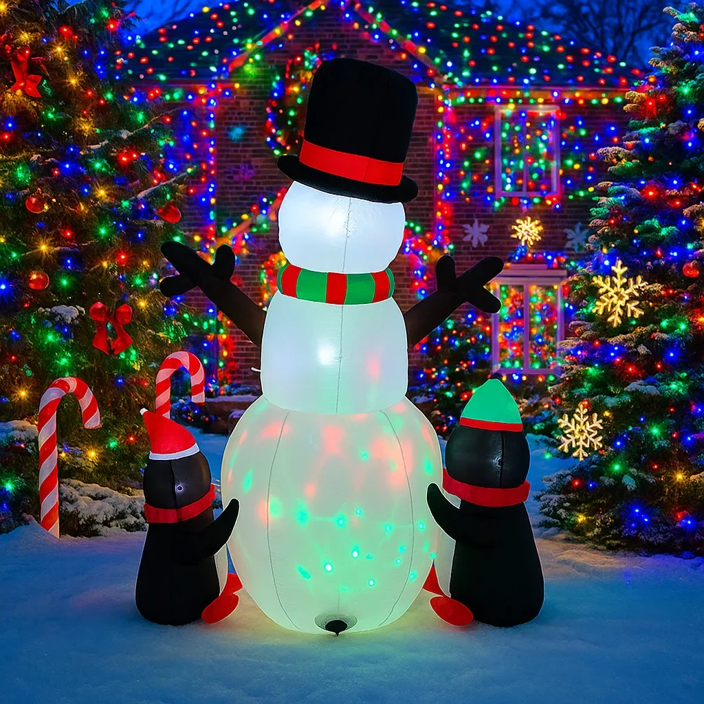 5.9FT Snowman Penguins Gift Box Inflatable Christmas Decorations Xmas Ornaments Lights Home Yard Holiday Outdoor Holiday Decor