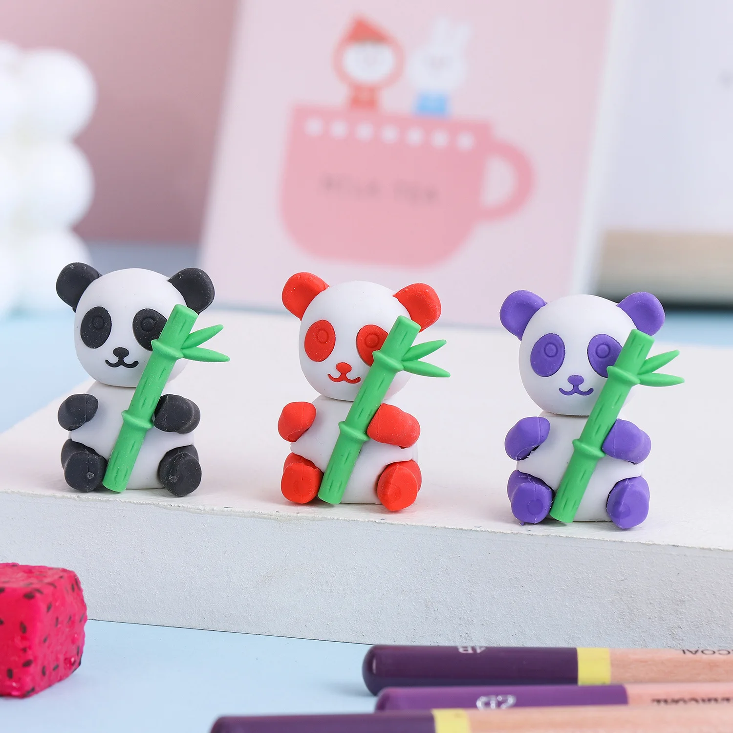 3Pcs/Lot Cute Kawaii Panda Bamboo Pencil Erasers Soft Rubber Catoon Pen Eraser for Kids School Supplies Office Stationery Gift