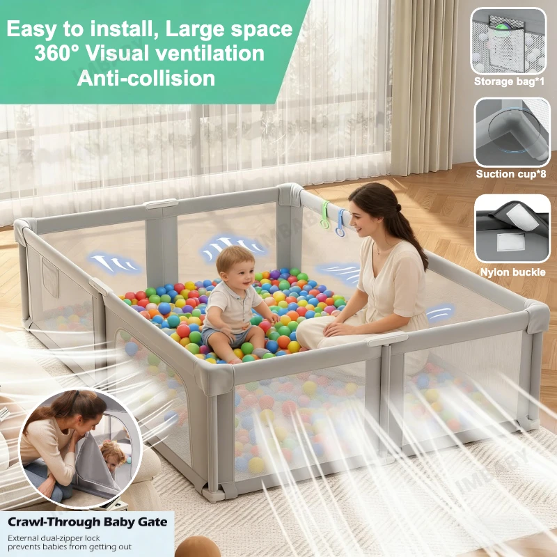 IMBABY 150/180/200cm Upgraded Baby Safety Playpen Indoor Outdoor Ball Pit with Pull Ring, Non-Toxic Guardrail for 3M-6Y Toddlers