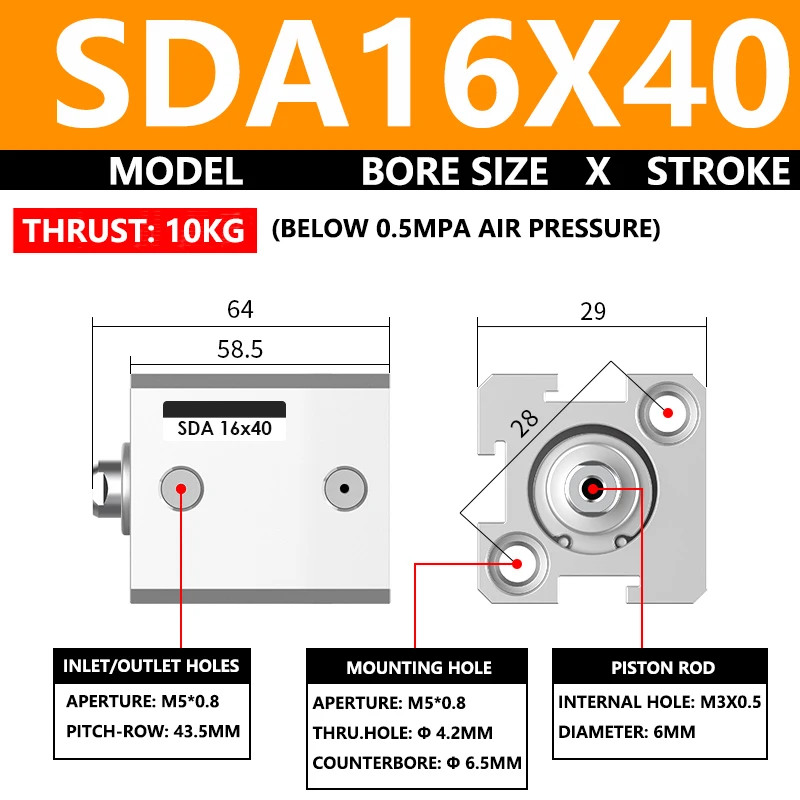 ABILKEEN SDA16X40 SDA Series Thin Air Cylinder 16MM Female Thread Bore X 40MM Stroke Double Acting Pneumatic Compact Cylinder
