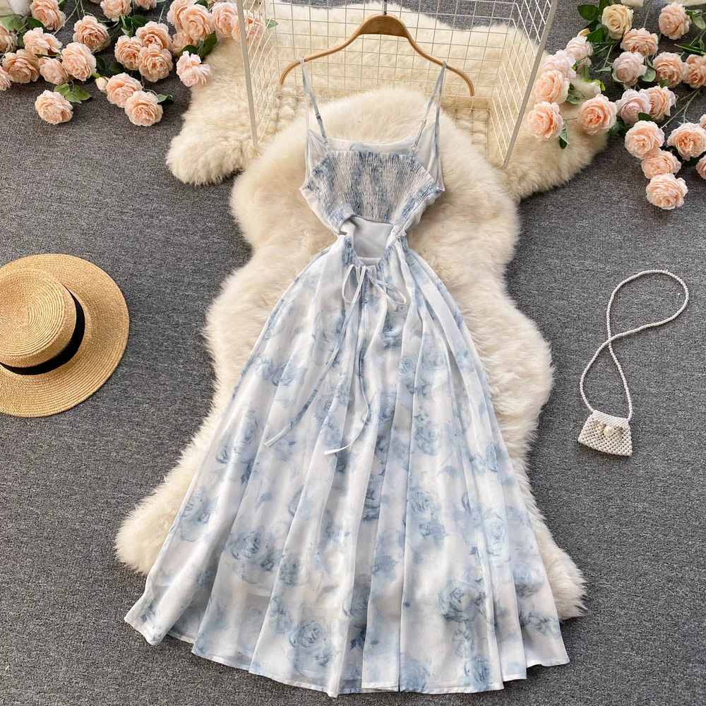 Chic Floral Cut Out Slip Dress Elegant Korean Fashion Fairy Dresses High Waist A-line Vestidos Summer Women Beach Sundress Y2k