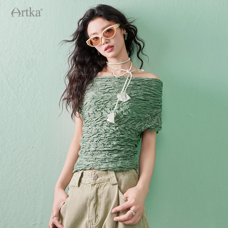 ARTKA 2024 Summer New Women T-shirt Fashion Bubble Jacquard Design T-shirts Short Sleeve Off-Shoulder Slim T-shirt ZA92040C