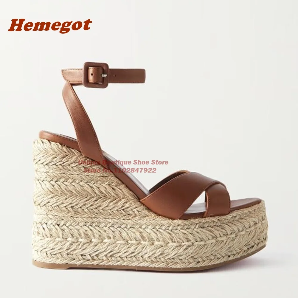 Espadrille Wedge Sandals Leather-Trimmed Peep Toe Platform Ankle Buckle Strap Wedges Women's Sandals 2023 New Elegant Size 46