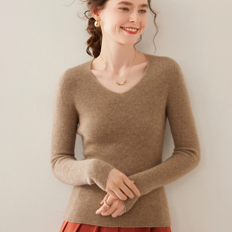 Seamless V-Neck Goat Cashmere Sweater For Women Slim Fit Solid Color Long Sleeved Pullover AutumnWinter high-quality jumper top