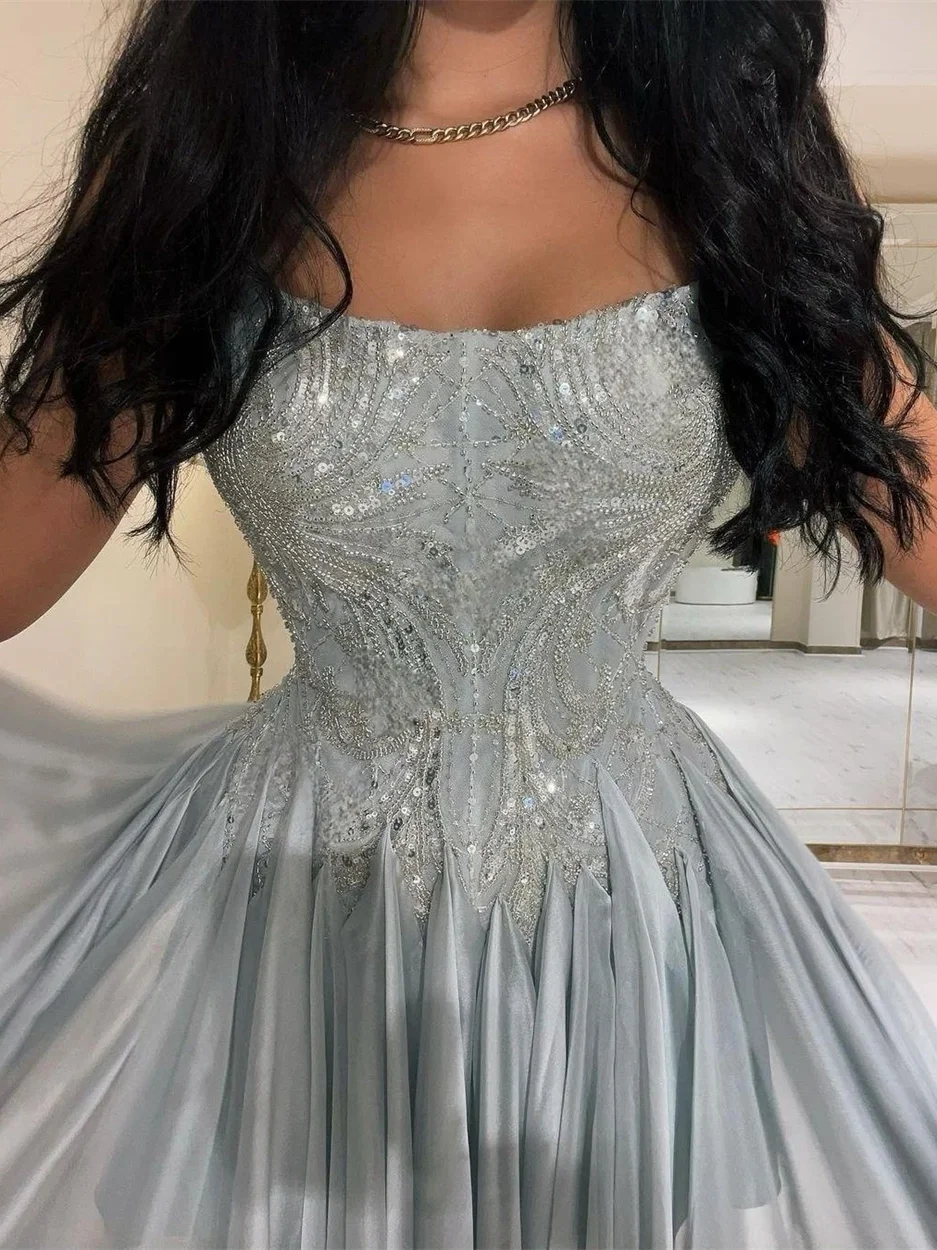 Oisslec Prom Dresses Exquisite Strapless A-line Celebrity Sequin Draped Chiffon Occasion Evening Gown prom dress for black girls